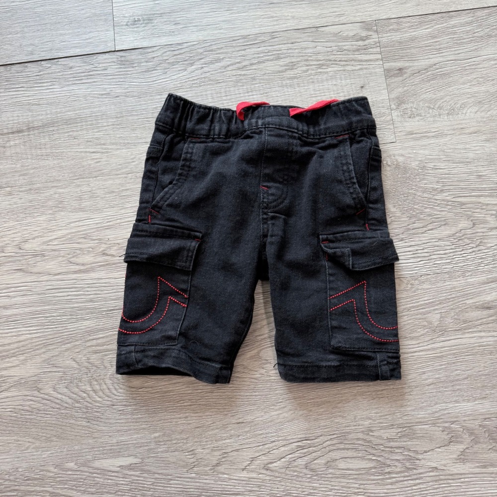 True Religion Toddler Boys Black Denim Cargo Shorts Red Stitching 3T